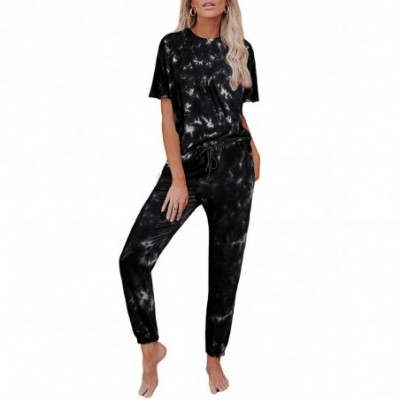 Sets Two Piece Pajamas Set Tie Dye Printed Short Sleeves T Shirt Long Pants Joggers Sleepwear Lounge PJ Set with Belt Black -...