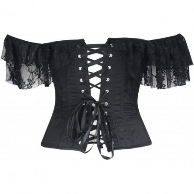 Bustiers & Corsets Women's Overbust Lace up Back Corset with Shoulder Sleeve - Black 1904 - CQ18UTK6AMM