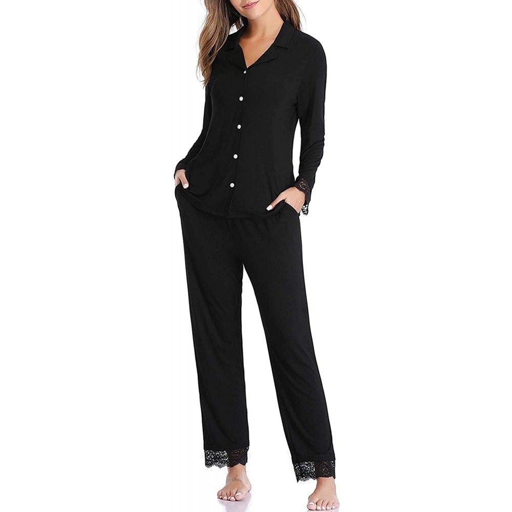 Sets Womens Long Sleeve Comfort Soft Knit Nightwear Loungewear Notch Collar Pjs - 9329-black - CL19DQLQC0U