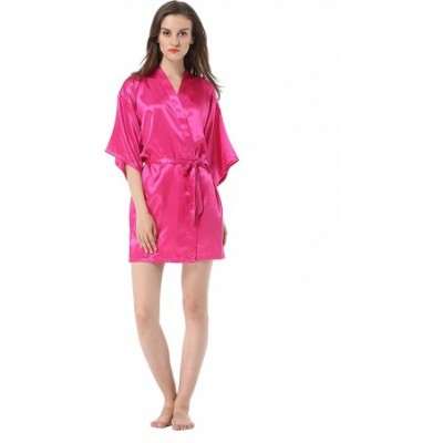 Robes Women's Solid Color Satin Short Kimono Robe - Hot Pink - C018SL7L7K7