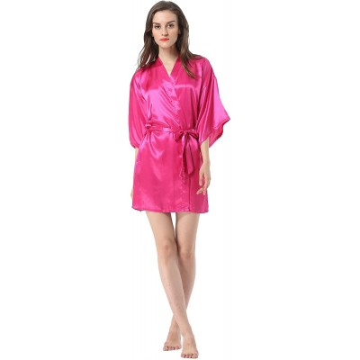 Robes Women's Solid Color Satin Short Kimono Robe - Hot Pink - C018SL7L7K7