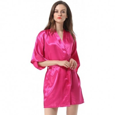 Robes Women's Solid Color Satin Short Kimono Robe - Hot Pink - C018SL7L7K7