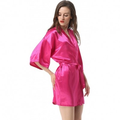 Robes Women's Solid Color Satin Short Kimono Robe - Hot Pink - C018SL7L7K7