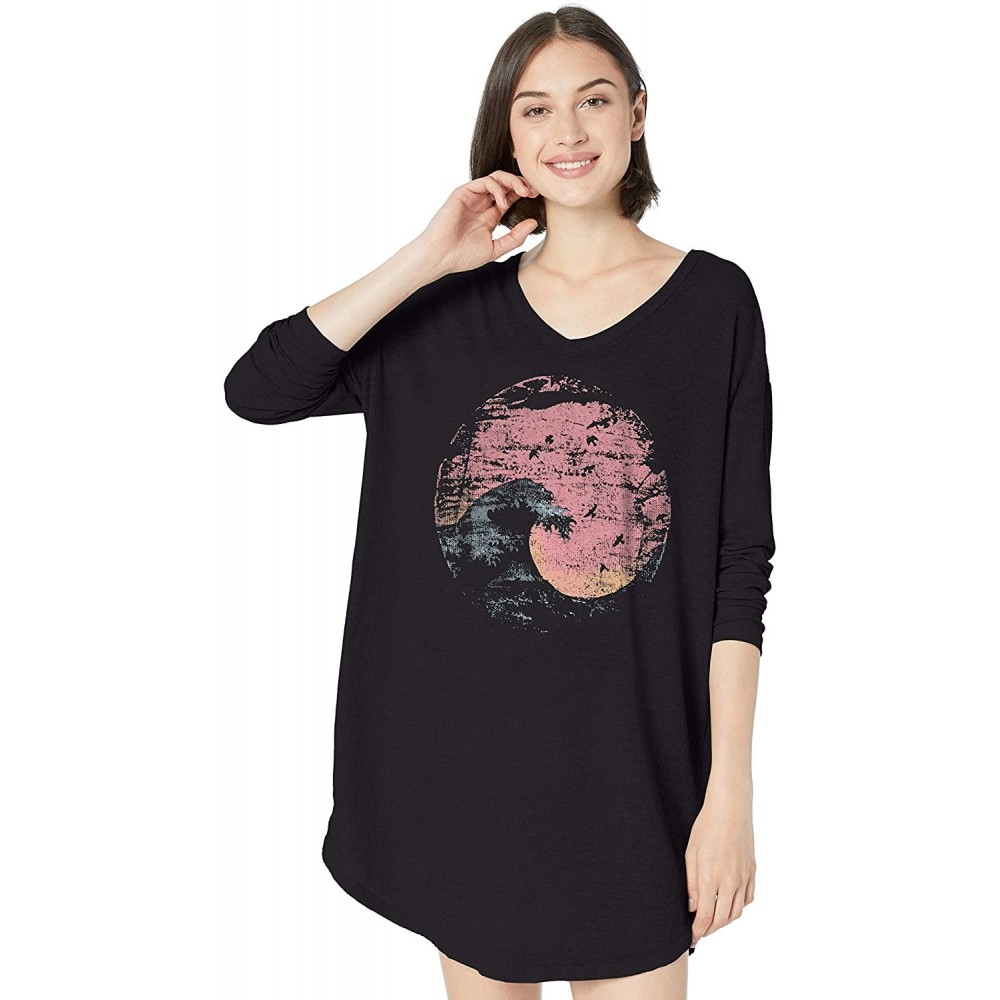 Nightgowns & Sleepshirts Women's Long Sleeved Thermal Nightshirt-Sleepshirt - Black Burnout Wave Sunset - CS18SHIT6R0