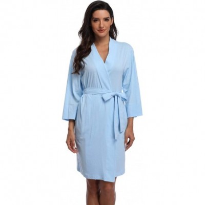 Robes Women's Cotton Robes Lightweight Kimonos Knit Bathrobes Soft Sleepwear Loungewear - Light Blue-100% Cotton - CZ18XHQ4A28