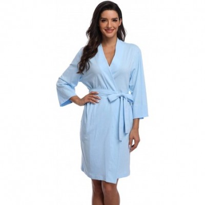 Robes Women's Cotton Robes Lightweight Kimonos Knit Bathrobes Soft Sleepwear Loungewear - Light Blue-100% Cotton - CZ18XHQ4A28