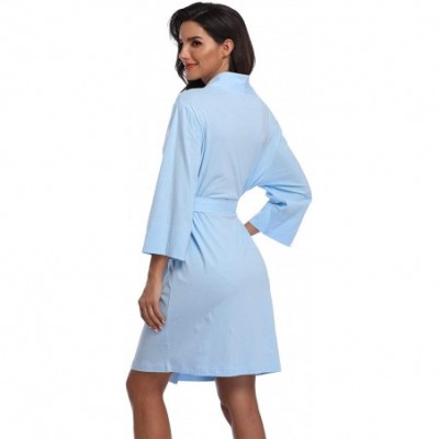 Robes Women's Cotton Robes Lightweight Kimonos Knit Bathrobes Soft Sleepwear Loungewear - Light Blue-100% Cotton - CZ18XHQ4A28