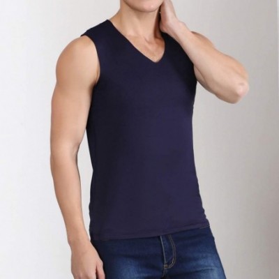 Sleep Sets Men's Ice Silk Traceless Thin Breathable Performance Sleeveless Workout Muscle Bodybuilding Tank Tops Shirts - Nav...