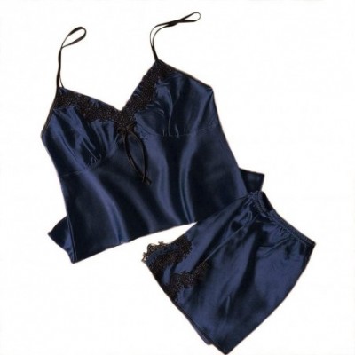 Sets Women's Lace Satin Sleepwear Cami Top and Shorts Pajama Set Sleeveless Strap Trim Top 2 Piece - Navy - CA18QNHWRQR