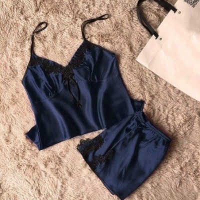 Sets Women's Lace Satin Sleepwear Cami Top and Shorts Pajama Set Sleeveless Strap Trim Top 2 Piece - Navy - CA18QNHWRQR