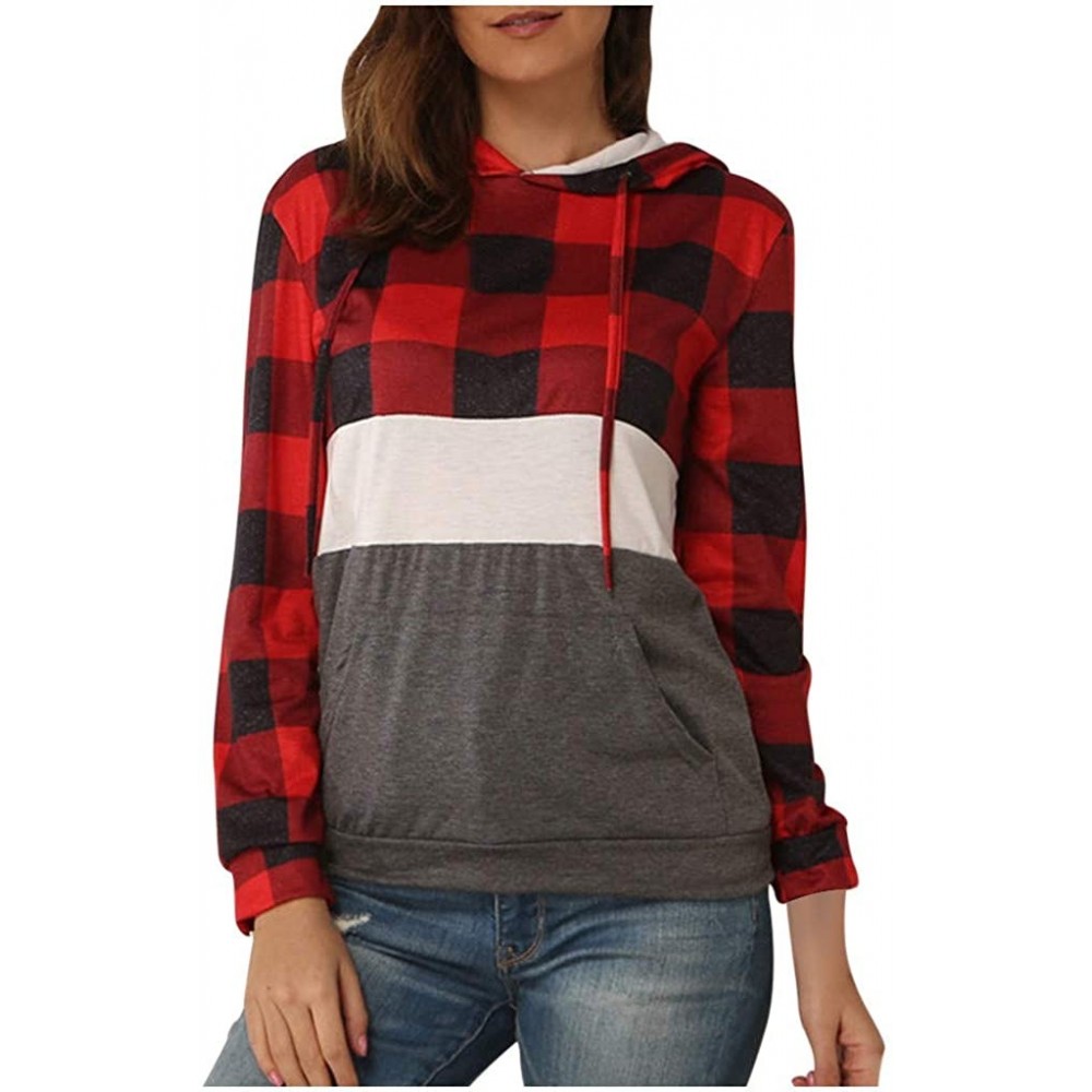 Slips Womens Plaid Patchwork Hooded Sweatshirt Casual Long Sleeve Hoodies Tops Sport Coat - Red - C41967T4QY0