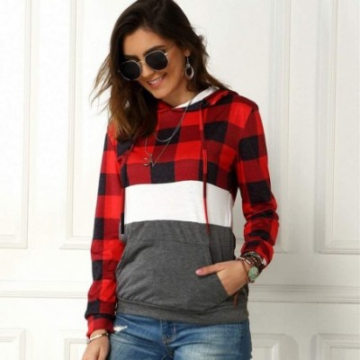 Slips Womens Plaid Patchwork Hooded Sweatshirt Casual Long Sleeve Hoodies Tops Sport Coat - Red - C41967T4QY0