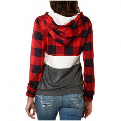 Slips Womens Plaid Patchwork Hooded Sweatshirt Casual Long Sleeve Hoodies Tops Sport Coat - Red - C41967T4QY0