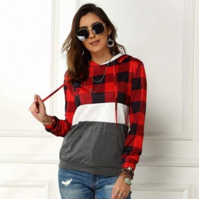 Slips Womens Plaid Patchwork Hooded Sweatshirt Casual Long Sleeve Hoodies Tops Sport Coat - Red - C41967T4QY0