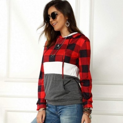 Slips Womens Plaid Patchwork Hooded Sweatshirt Casual Long Sleeve Hoodies Tops Sport Coat - Red - C41967T4QY0