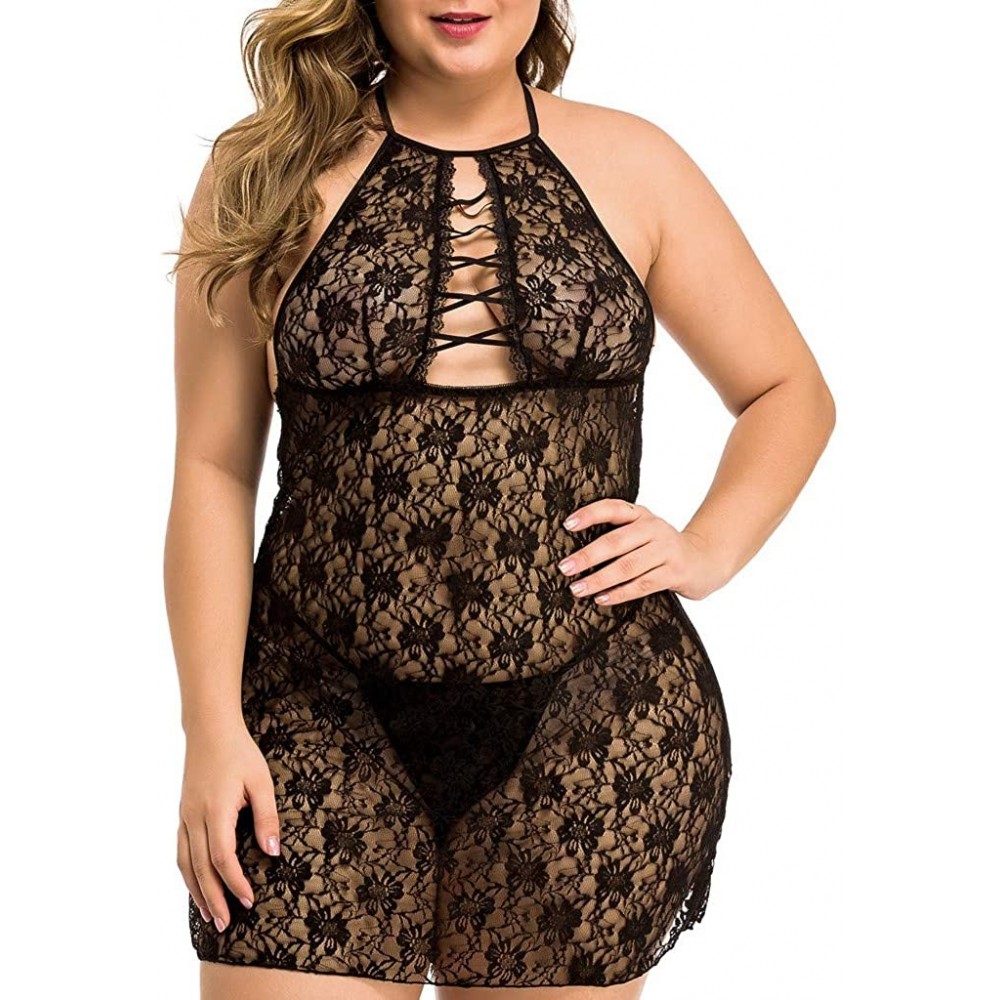 Accessories Women Lace Pajamas Lingerie Sexy Halter Perspective Plus Size Underwear Nightdress with Thong - Black - CG197WEOXG0