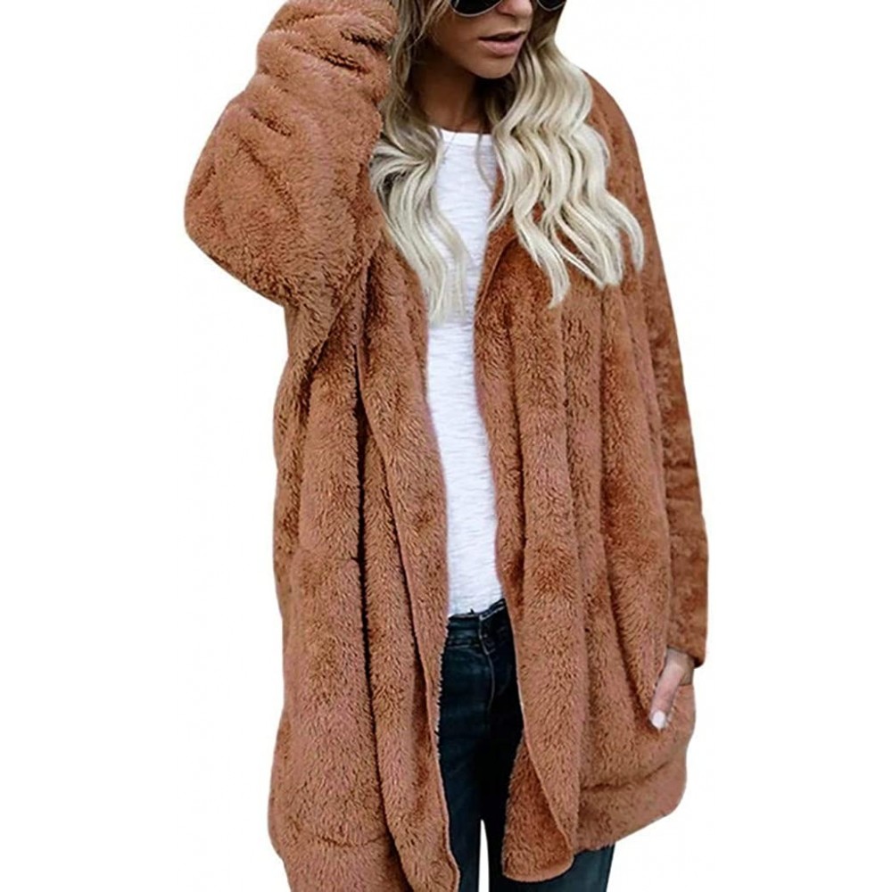 Tops Cozy Pocketed Cardigan Open Front Jacket Shearling Coats Warm Sherpa Fuzzy Fleece Blazer Oversize Plus Size Brown - C319...