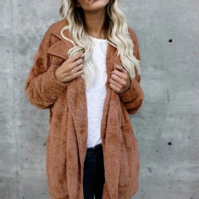 Tops Cozy Pocketed Cardigan Open Front Jacket Shearling Coats Warm Sherpa Fuzzy Fleece Blazer Oversize Plus Size Brown - C319...