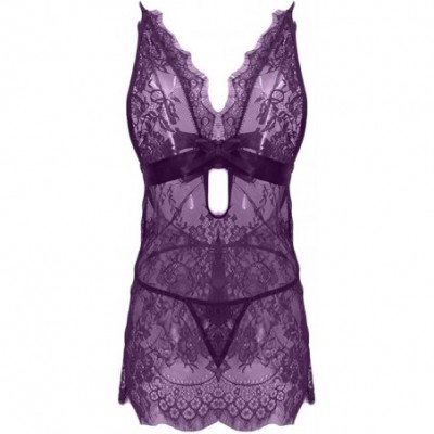 Nightgowns & Sleepshirts Women Sexy Lingerie Black Eyelash Lace Bow Chemise Babydoll Nightwear Floral Thin Lingeries - Purple...