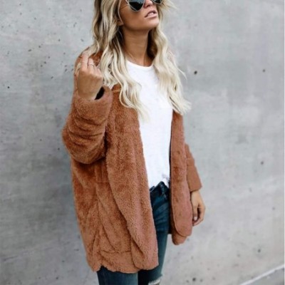 Tops Cozy Pocketed Cardigan Open Front Jacket Shearling Coats Warm Sherpa Fuzzy Fleece Blazer Oversize Plus Size Brown - C319...