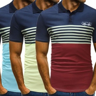 Thermal Underwear Mens Strips Patchwork Polo Shirts Summer Slim Fit Short Sleeve Button Down Tees Muscle Sports Golf Tops - R...