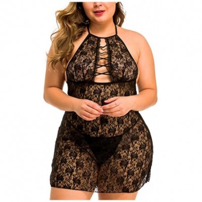 Accessories Women Lace Pajamas Lingerie Sexy Halter Perspective Plus Size Underwear Nightdress with Thong - Black - CG197WEOXG0