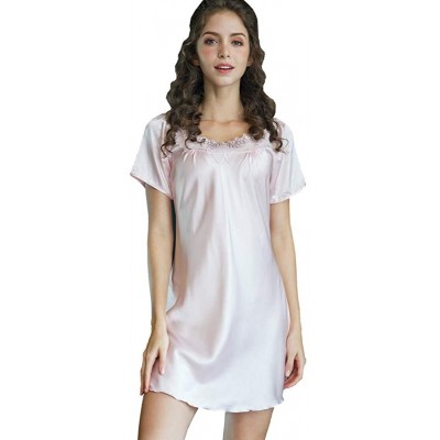 Nightgowns & Sleepshirts Women Satin Silk Short Sleeve Pajamas Sexy Lace Large Size Nightgown Sleep Dress - Pink - CG18OW9K9YH