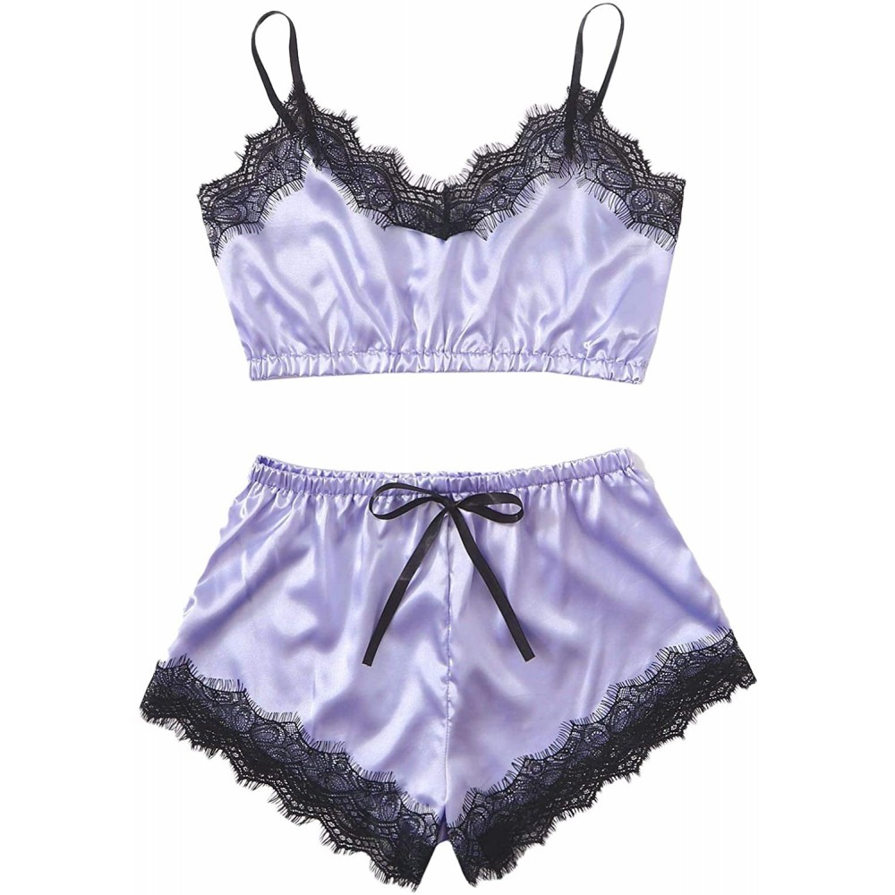 Sets Women's Lace Trim Satin Cami Top with Shorts Pajama Set Sleepwear - Purple - CE19G5AC4WL