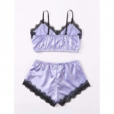 Sets Women's Lace Trim Satin Cami Top with Shorts Pajama Set Sleepwear - Purple - CE19G5AC4WL