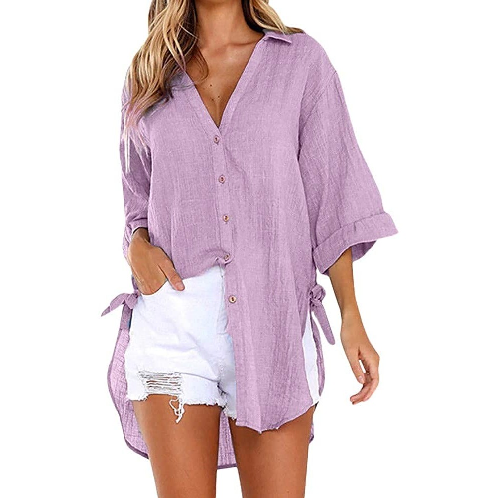 Thermal Underwear Women's Loose Button Long Shirt Dress Cotton Ladies Casual Shirt Long T-Shirt Shirt - Purple - CM18S6UATWG