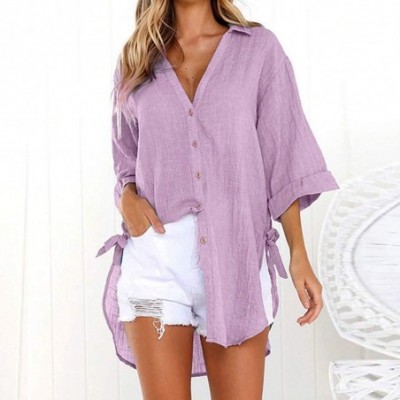 Thermal Underwear Women's Loose Button Long Shirt Dress Cotton Ladies Casual Shirt Long T-Shirt Shirt - Purple - CM18S6UATWG