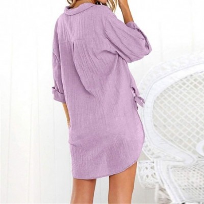 Thermal Underwear Women's Loose Button Long Shirt Dress Cotton Ladies Casual Shirt Long T-Shirt Shirt - Purple - CM18S6UATWG