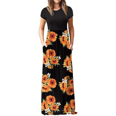 Garters & Garter Belts Women's Casual Loose Short Sleeve Floral Maxi Dresses with Pockets - Black M - CG18TDN20QI