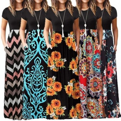 Garters & Garter Belts Women's Casual Loose Short Sleeve Floral Maxi Dresses with Pockets - Black M - CG18TDN20QI