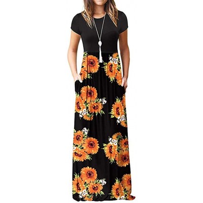 Garters & Garter Belts Women's Casual Loose Short Sleeve Floral Maxi Dresses with Pockets - Black M - CG18TDN20QI