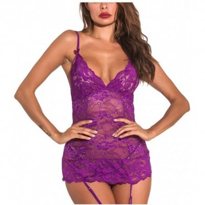 Slips One Piece Women Lace V-Neck Lingerie Jumpsuit Blackless Bodysuit Sleepwear - Purple - C718ZW5HY80