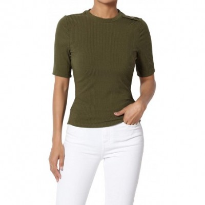 Shapewear Basic Essential V-Neck Short Sleeve Stretch Ribbed Fitted Top T-Shirt - 31 Olive - CF18W5UR98U