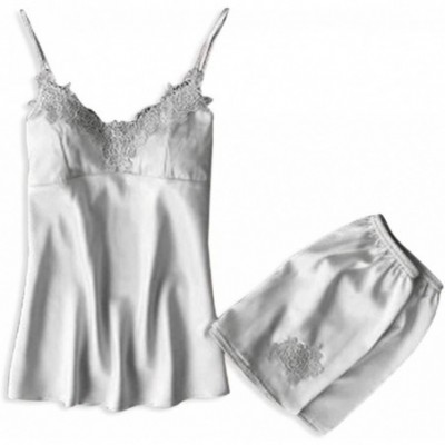 Sets Womens Silk Sleepwear Satin Cami Shorts Sexy Nighty Pajama Sets Lace Lingerie - Silver - CZ18TX70U9W