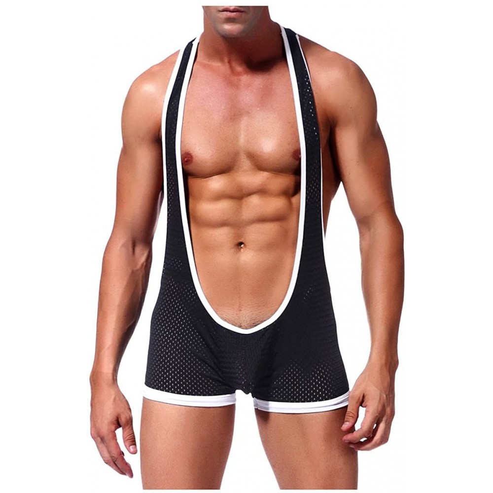 G-Strings & Thongs Men's Sexy Wrestling Singlet Leotard Underwear - Black-mesh - CL18ZZUC9ZS