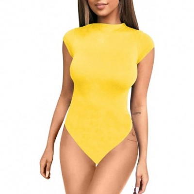 Shapewear Women's Sexy Bodycon Short Sleeve Scoop Neck Leotard Bodysuit - Yellow - CQ18RQECCG5