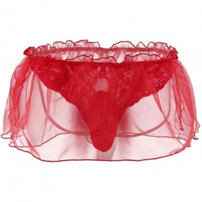 G-Strings & Thongs Men's Lace Flower Organza Skirted G-String Thong Jockstraps Sissy Pouch Panties Underwear - Red - CN18KK463RE