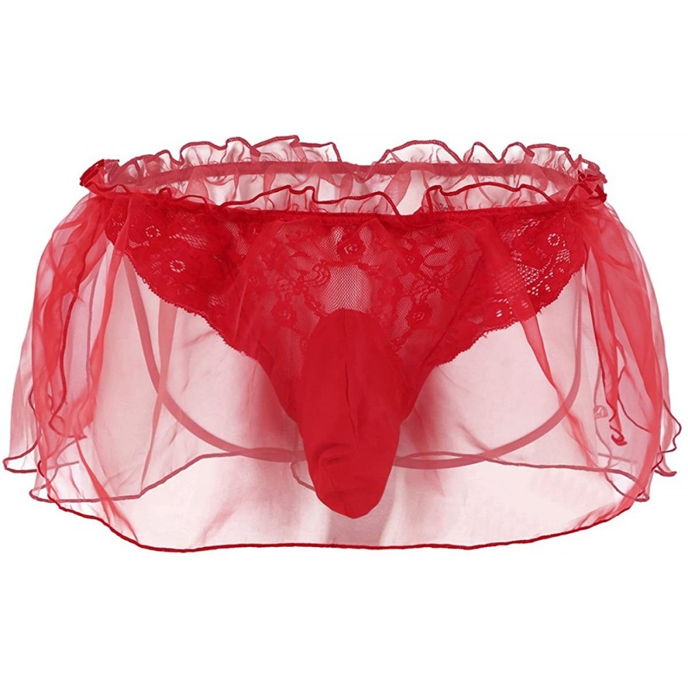 G-Strings & Thongs Men's Lace Flower Organza Skirted G-String Thong Jockstraps Sissy Pouch Panties Underwear - Red - CN18KK463RE