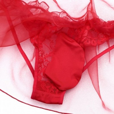 G-Strings & Thongs Men's Lace Flower Organza Skirted G-String Thong Jockstraps Sissy Pouch Panties Underwear - Red - CN18KK463RE