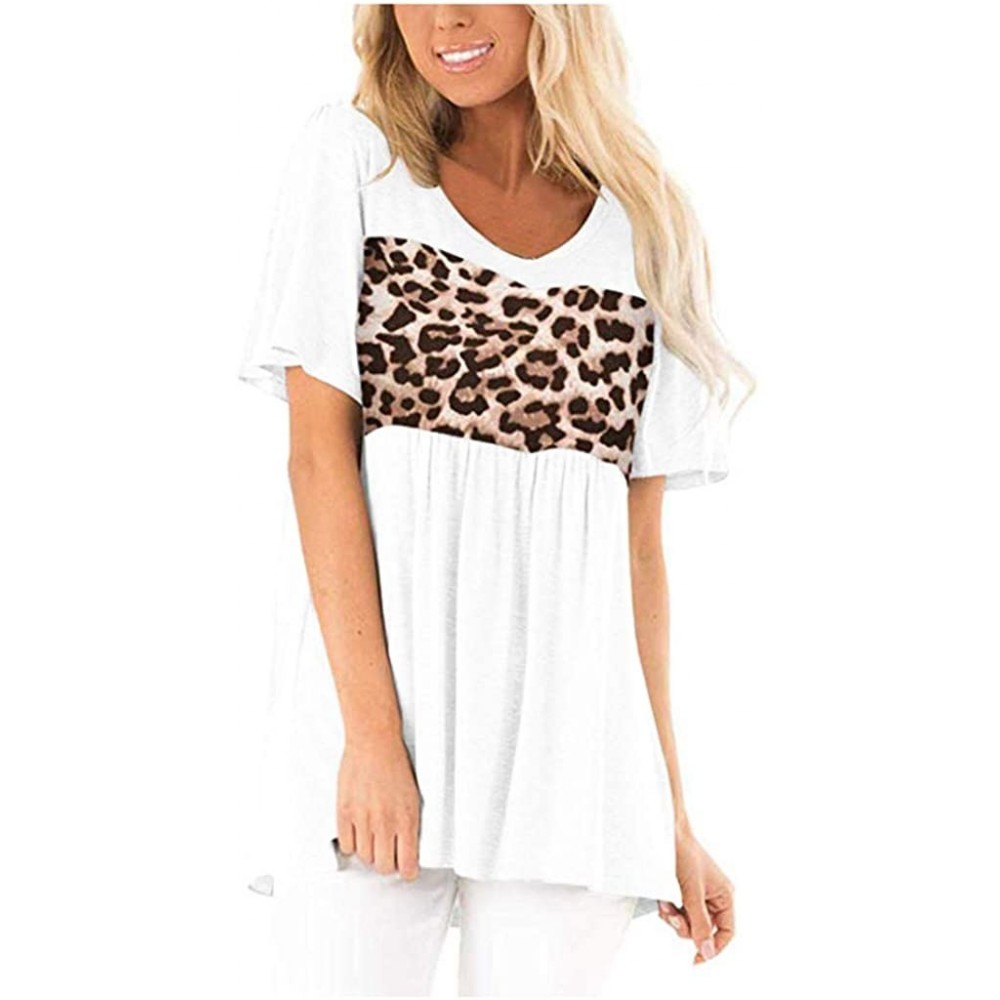 Tops Womens Leopard Short Sleeve Twist Knot Patchwork O-Neck Casual Tunic Tops - E-white - CV195Q5SAD8