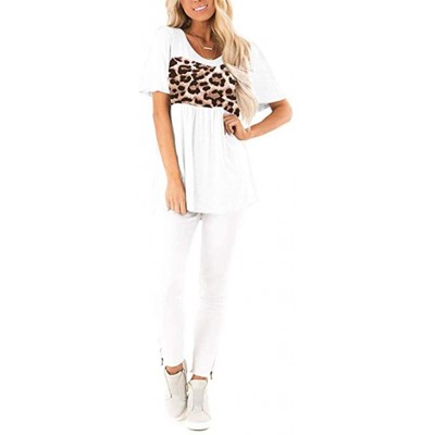 Tops Womens Leopard Short Sleeve Twist Knot Patchwork O-Neck Casual Tunic Tops - E-white - CV195Q5SAD8