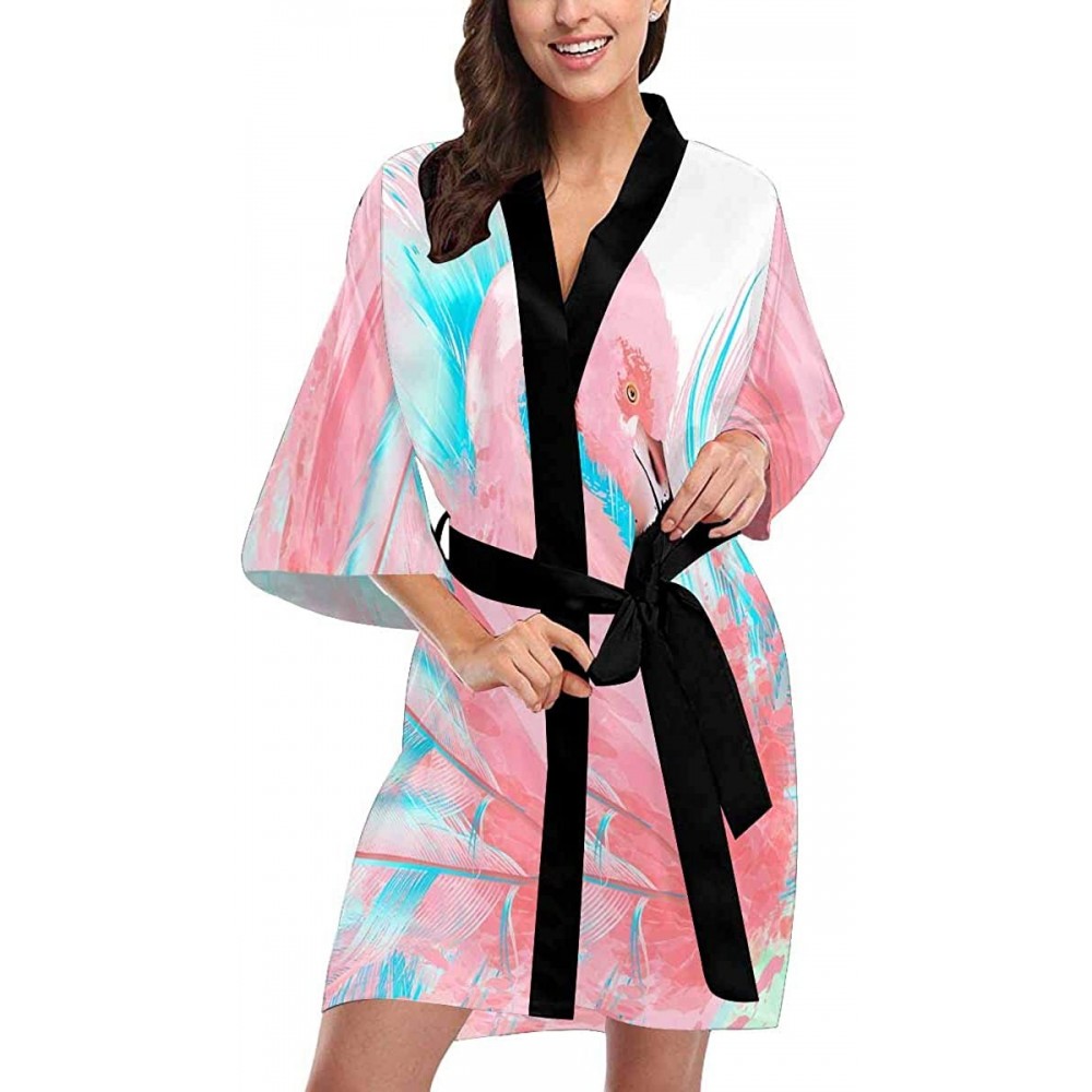 Robes Custom Pink Flamingo Blue Feathers Women Kimono Robes Beach Cover Up for Parties Wedding (XS-2XL) - Multi 1 - CJ194S4YUYE