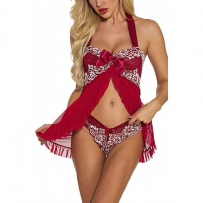 Baby Dolls & Chemises Women Lace Babydoll Strap Chemise Halter Mesh Lingerie Nightwear - Wine - C9199XS9YA9