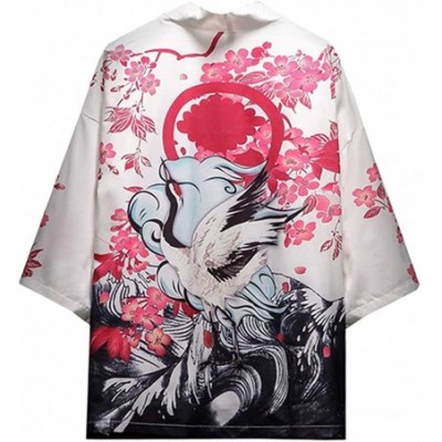 Robes Men's Kimono Cardigan Japanese Printed 3/4 Sleeve Open Front Shirt Jacket - White - CF199ZU7H2Q