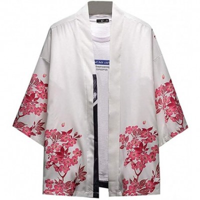 Robes Men's Kimono Cardigan Japanese Printed 3/4 Sleeve Open Front Shirt Jacket - White - CF199ZU7H2Q