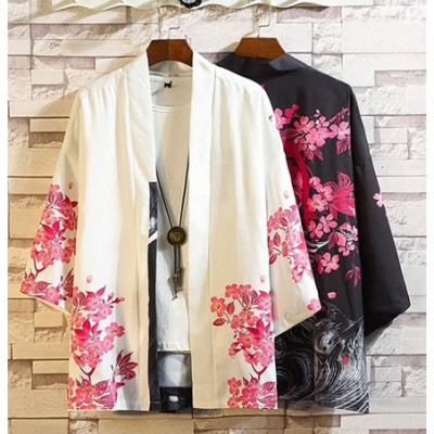 Robes Men's Kimono Cardigan Japanese Printed 3/4 Sleeve Open Front Shirt Jacket - White - CF199ZU7H2Q